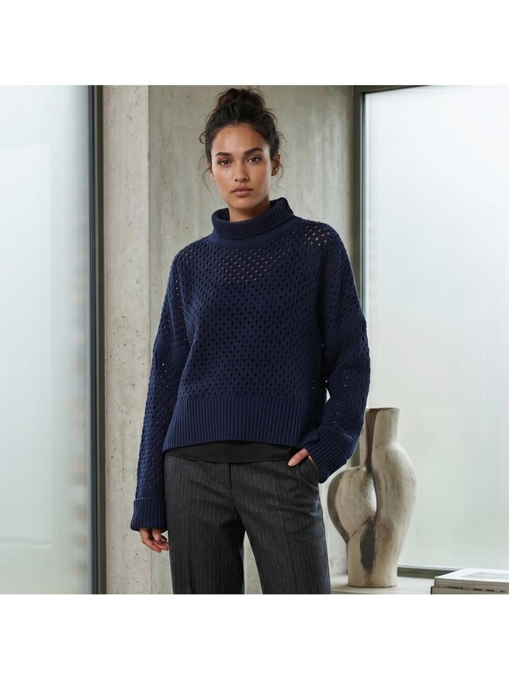 Christian Wijnants Navy blue open knit mock neck sweater size M